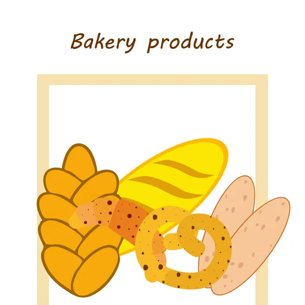 Panificio banner prodotti, illustrazione vettoriale. Pane di grano, pretzel, ciabatta, croissant, baguette alla francese — Vettoriale Stock