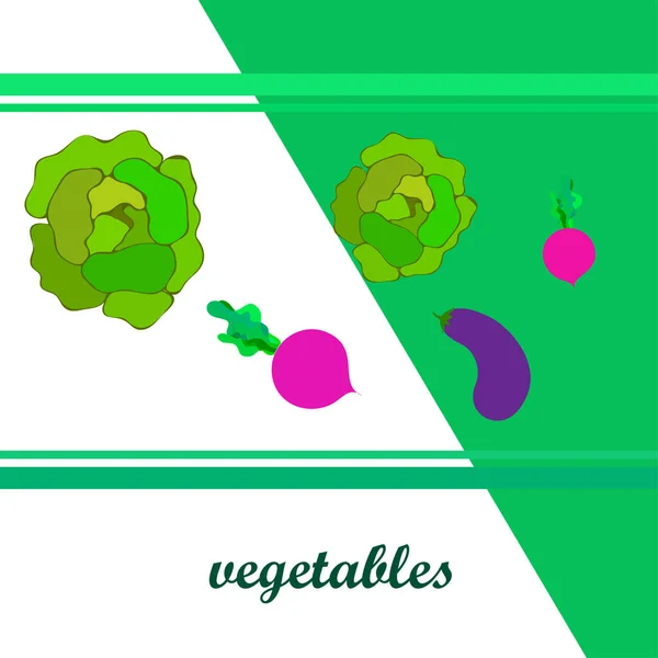 Kool, aubergine, bieten, verse groenten. Biologisch voedsel poster. Landbouwmarktordening. Vectorachtergrond. — Stockvector