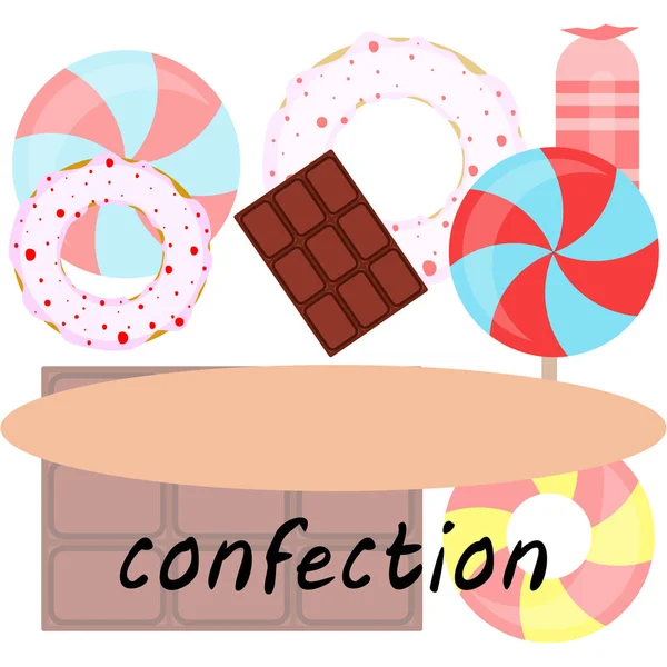 다양 한 달콤 한 배경. 롤리팝, 초콜릿바, 사탕, 도넛, 벡터 배경. — 스톡 벡터