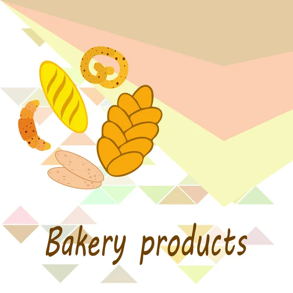 Bannière produits de boulangerie, illustration vectorielle. Pain de blé, bretzel, ciabatta, croissant, baguette française — Image vectorielle