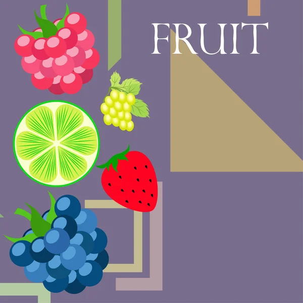 Frutas e bagas. Ícones de frutas de desenhos animados coloridos: amora-preta, framboesa, uva, morango, limão. Fundo vetorial . — Vetor de Stock