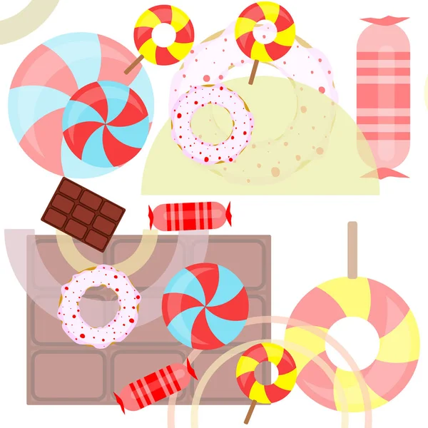 Diferentes dulces fondo colorido. Piruletas, barra de chocolate, caramelos, donut, vector de fondo . — Vector de stock