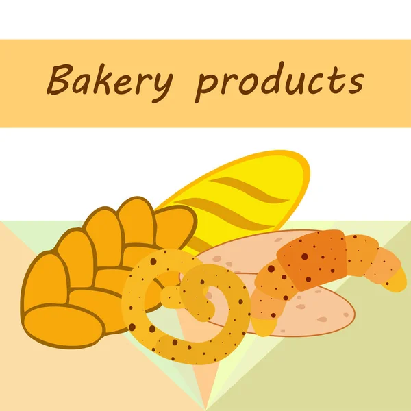 面包店产品横幅,载体图解. 小麦面包，椒盐卷饼，ciabatta，羊角面包，法式面包 — 图库矢量图片