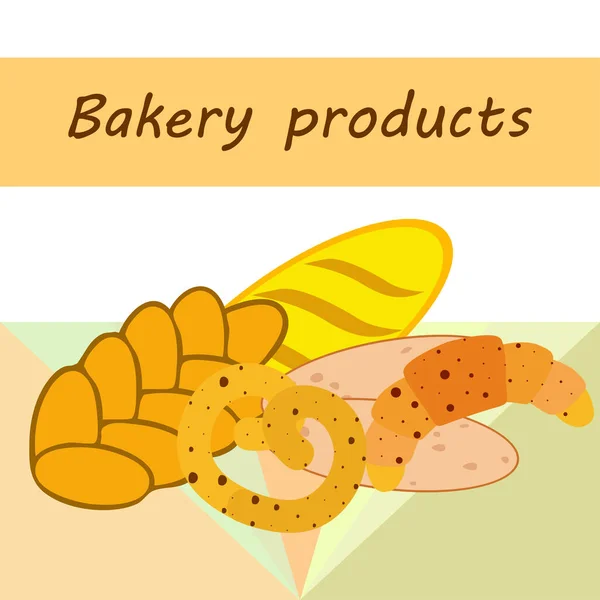 Bakery products banner, vector illustration. Wheat bread, pretzel, ciabatta, croissant, french baguette — Stock Vector