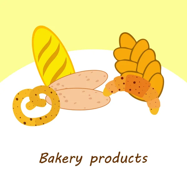 Panadería banner productos, ilustración de vectores. Pan de trigo, pretzel, ciabatta, croissant, baguette francés — Vector de stock