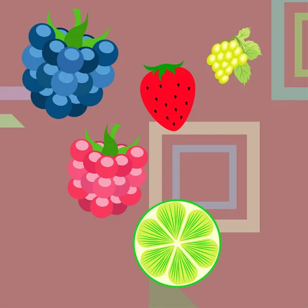 Fruits and berries. Colorful cartoon fruit icons: blackberry, raspberry, grape, strawberr, lime. Vector background. — Stock Vector