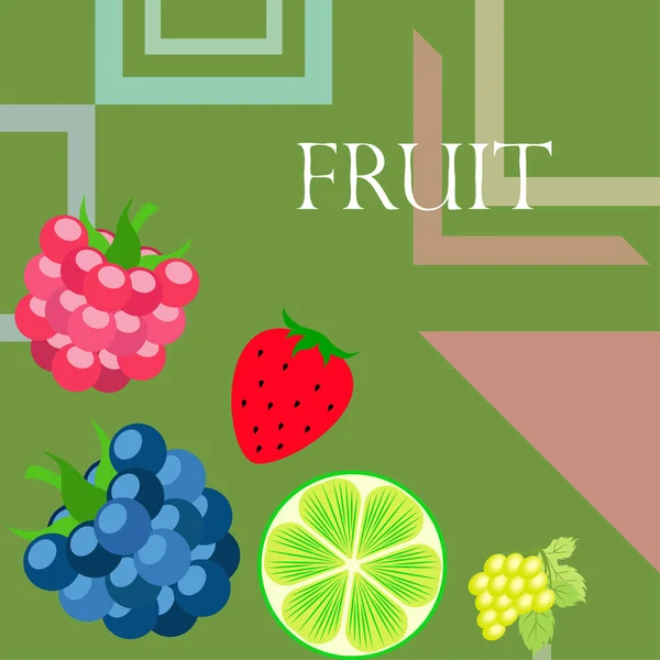 Fruits and berries. Colorful cartoon fruit icons: blackberry, raspberry, grape, strawberr, lime. Vector background. — ストックベクタ