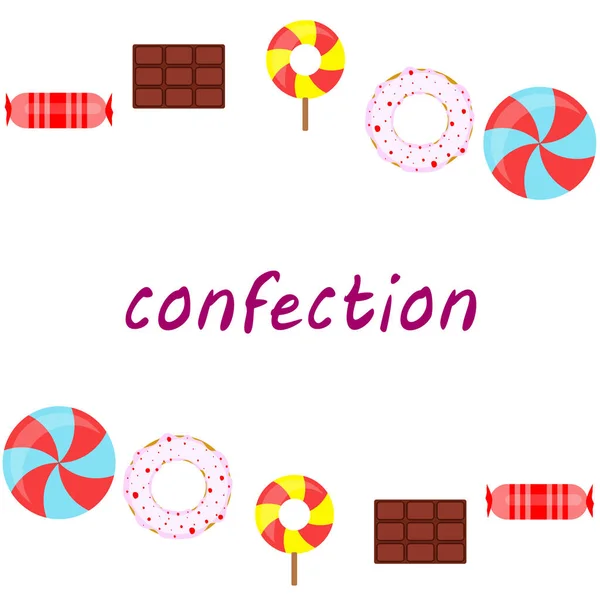 Doces diferentes fundo colorido. Lollipops, barra de chocolate, doces, rosquinha, fundo vetorial —  Vetores de Stock