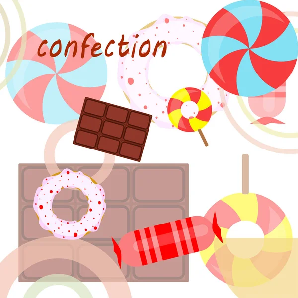Doces diferentes fundo colorido. Lollipops, barra de chocolate, doces, rosquinha, fundo vetorial . —  Vetores de Stock