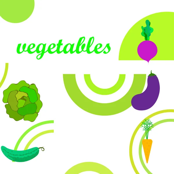 Col, remolacha, zanahoria, berenjena, pepino, verduras frescas. Cartel de alimentos orgánicos. Diseño del mercado de agricultores. Fondo vectorial . — Vector de stock