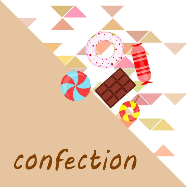 Diferentes dulces fondo colorido. Piruletas, barra de chocolate, caramelos, donut, vector de fondo . — Vector de stock