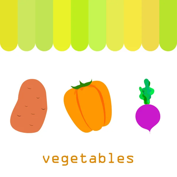 Fresh vegetables. Peppers, beets, potatoes. Organic food poster. Farmers market design. Vector. — ストックベクタ