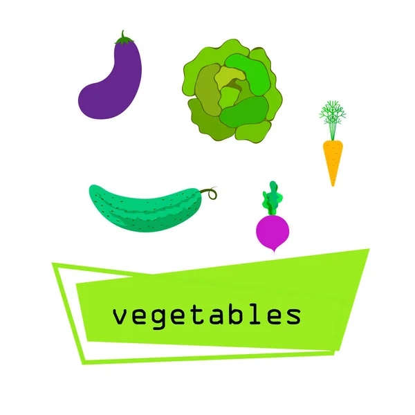 Kohl, Rüben, Karotten, Auberginen, Gurken, frisches Gemüse. Plakat mit Bio-Lebensmitteln. Bauernmarktgestaltung. Vektorhintergrund. — Stockvektor