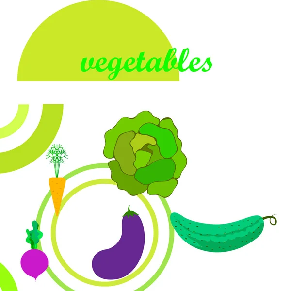 Repolho, beterraba, cenoura, berinjela, pepino, legumes frescos. Cartaz de comida orgânica. Design de mercado de agricultores. Fundo vetorial . — Vetor de Stock