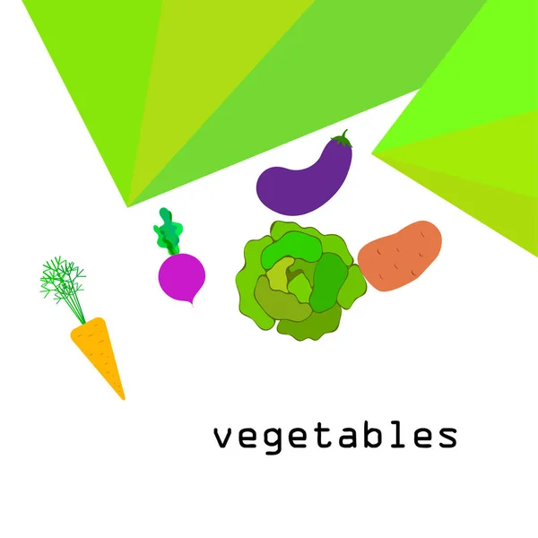 Chou, betteraves, carottes, aubergines, pommes de terre, légumes frais. Affiche alimentaire biologique. Aménagement du marché agricole. Fond vectoriel . — Image vectorielle