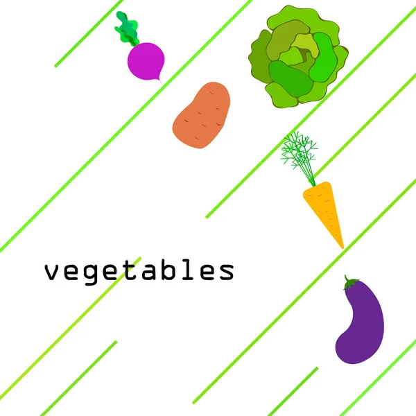 Col, remolacha, zanahorias, berenjenas, patatas, verduras frescas. Cartel de alimentos orgánicos. Diseño del mercado de agricultores. Fondo vectorial . — Vector de stock