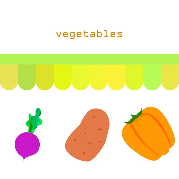 Verduras frescas. Pimientos, remolachas, patatas. Cartel de alimentos orgánicos. Diseño del mercado de agricultores. Vector . — Vector de stock