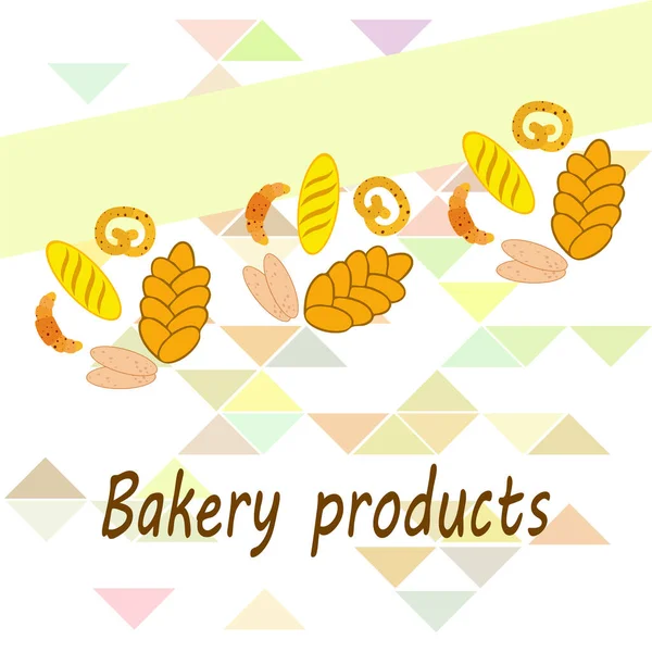 Panadería banner productos, ilustración de vectores. Pan de trigo, pretzel, ciabatta, croissant, baguette francés — Archivo Imágenes Vectoriales