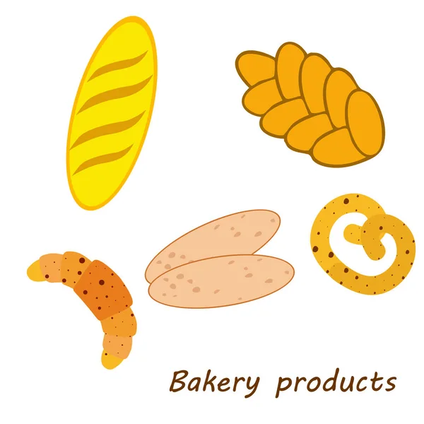Banner de produtos de padaria, ilustração vetorial. Pão de trigo, pretzel, ciabatta, croissant, baguete francês — Vetor de Stock