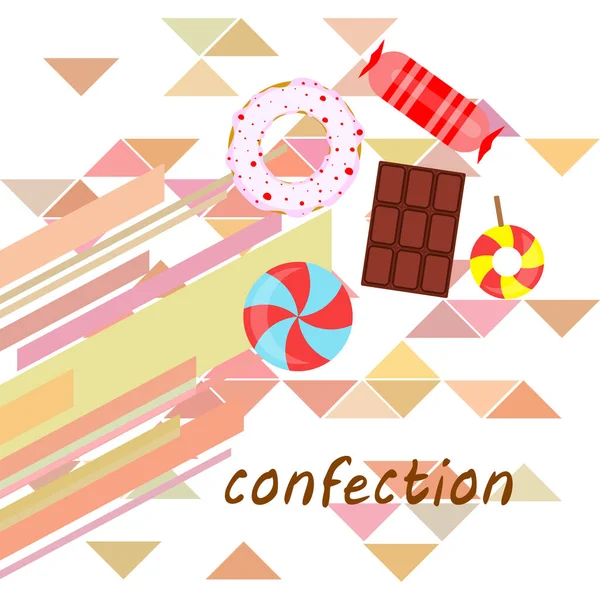 Diferentes dulces fondo colorido. Piruletas, barra de chocolate, caramelos, donut, vector de fondo . — Vector de stock