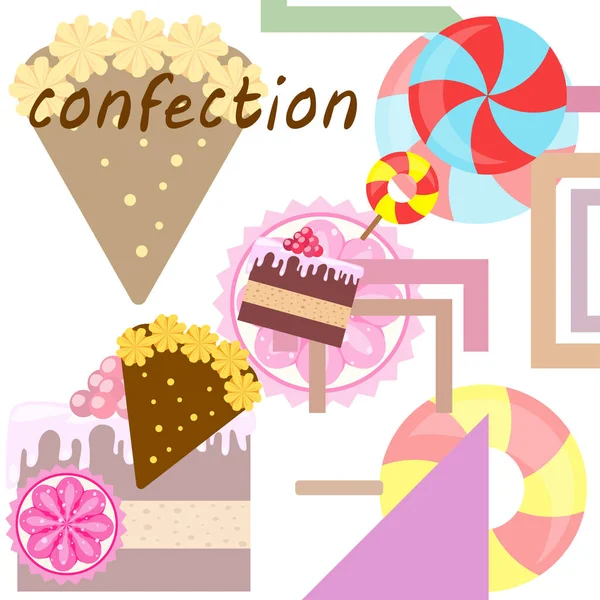 Doğum günü pastası, kapkek ve şekerlerin ev pastası çizimi. Poster, kart ve reklam için tasarım fikri. — Stok Vektör