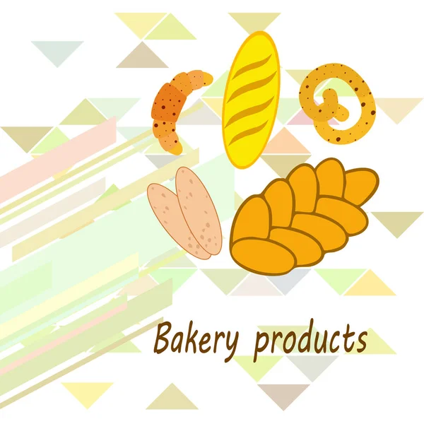 Panificio banner prodotti, illustrazione vettoriale. Pane di grano, pretzel, ciabatta, croissant, baguette alla francese — Vettoriale Stock