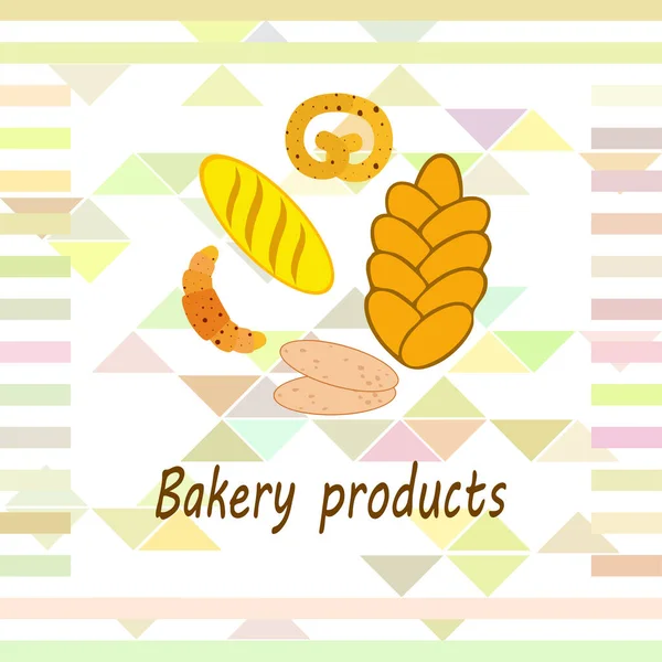 Banner de produtos de padaria, ilustração vetorial. Pão de trigo, pretzel, ciabatta, croissant, baguete francês —  Vetores de Stock