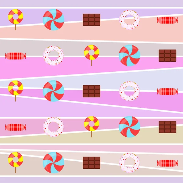 Diferentes dulces fondo colorido. Piruletas, barra de chocolate, caramelos, donut, vector de fondo . — Archivo Imágenes Vectoriales