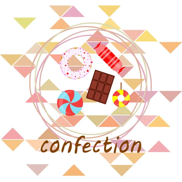 Olika sötsaker färgglada bakgrund. Lollipop, chokladkaka, godis, munk, vektor bakgrund. — Stock vektor