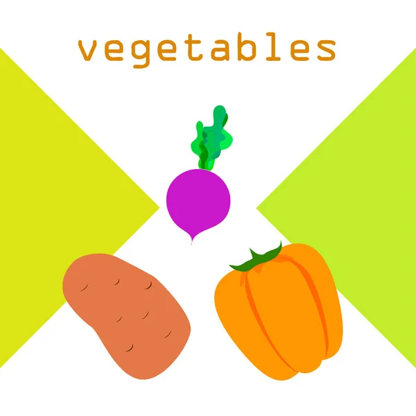 新鲜蔬菜。 辣椒，甜菜，土豆。 有机食品海报。 农贸市场设计。 B.病媒. — 图库矢量图片