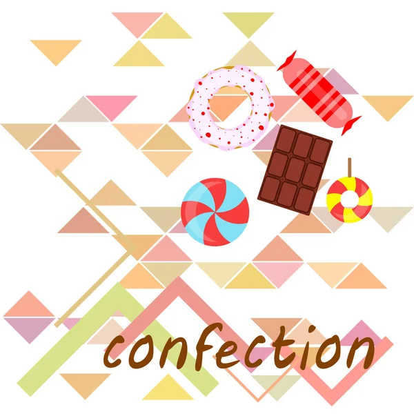 Doces diferentes fundo colorido. Lollipops, barra de chocolate, doces, rosquinha, fundo vetorial . —  Vetores de Stock