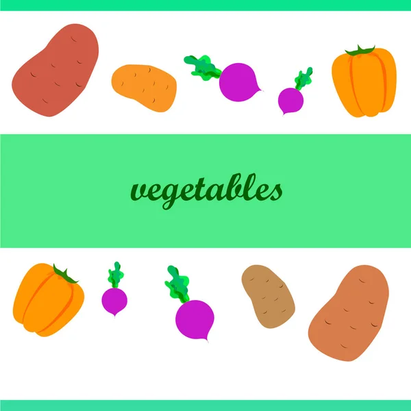 Verse groenten. Pepers, bieten, aardappelen. Biologisch voedsel poster. Landbouwmarktordening. Vector. — Stockvector