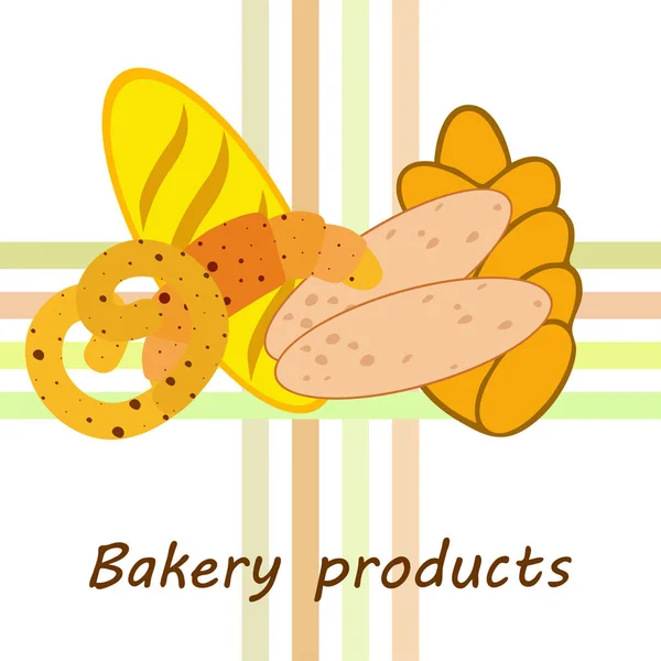 Banner de produtos de padaria, ilustração vetorial. Pão de trigo, pretzel, ciabatta, croissant, baguete francês —  Vetores de Stock