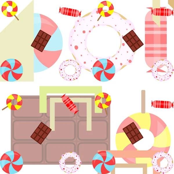 Different sweets colorful background. Lollipops, chocolate bar, candies, donut, vector background. — Stock Vector