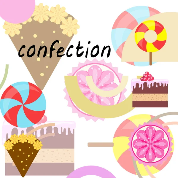 생일 케이크, 케이크, 과자등을 보여 주는 집 빵집 벡터 그림. 포스터, 카드, 광고를 위한 디자인 아이디어. — 스톡 벡터