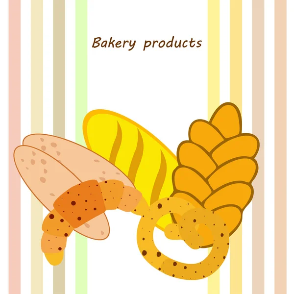 Banner de produtos de padaria, ilustração vetorial. Pão de trigo, pretzel, ciabatta, croissant, baguete francês — Vetor de Stock