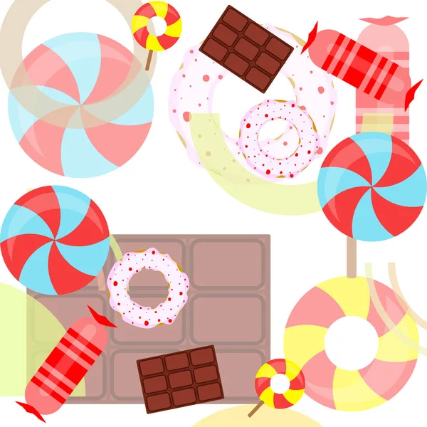 Doces diferentes fundo colorido. Lollipops, barra de chocolate, doces, rosquinha, fundo vetorial . —  Vetores de Stock