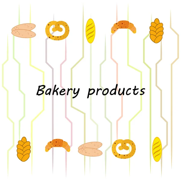 Banner de produtos de padaria, ilustração vetorial. Pão de trigo, pretzel, ciabatta, croissant, baguete francês — Vetor de Stock