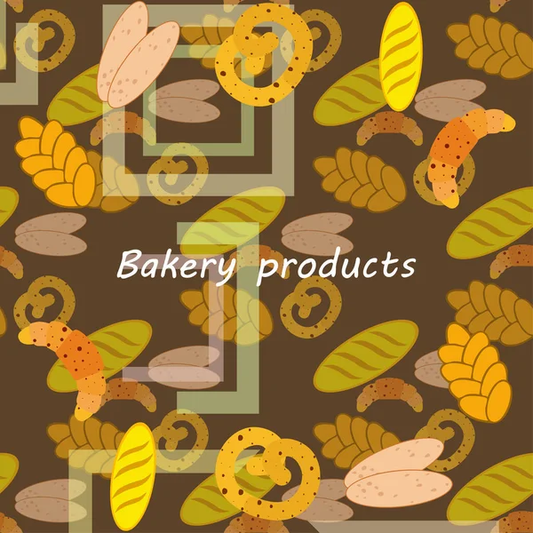 Sütőipari termékek banner, vektor illusztráció. Búza kenyér, perec, ciabatta, croissant, francia bagett — Stock Vector