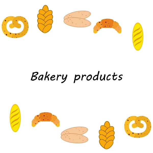 Banner de produtos de padaria, ilustração vetorial. Pão de trigo, pretzel, ciabatta, croissant, baguete francês — Vetor de Stock