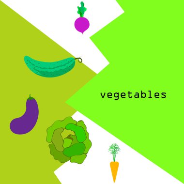 Lahana, pancar, havuç, patlıcan, salatalık, taze sebze. Organik gıda posteri. Çiftçi pazarı tasarımı. Vektör arkaplanı.