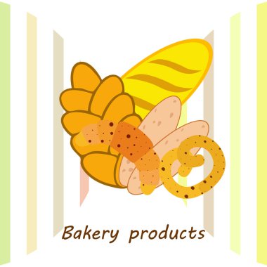 Fırın ürünleri afişi, vektör illüstrasyonu. Buğday ekmeği, kraker, ciabatta, kruvasan, Fransız ekmeği.