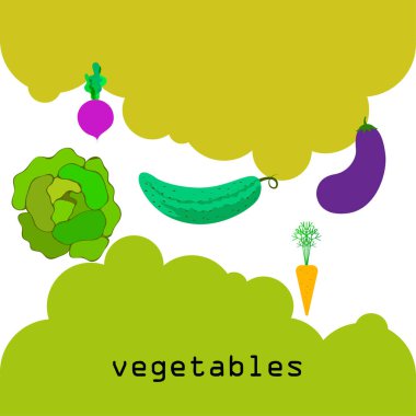 Lahana, pancar, havuç, patlıcan, salatalık, taze sebze. Organik gıda posteri. Çiftçi pazarı tasarımı. Vektör arkaplanı.