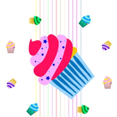 Capcake kremalı, çilekli tatlı. Kafelerin ve restoranların menüleri için renkli unsurlar. İyi tatiller..