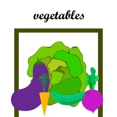 Lahana, pancar, havuç, patlıcan, salatalık, taze sebze. Organik gıda posteri. Çiftçi pazarı tasarımı. Vektör arkaplanı.