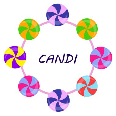 Renkli lolipoplar pastel arka planda düz stil tasarımda. Vektör arkaplan şirin şeker.