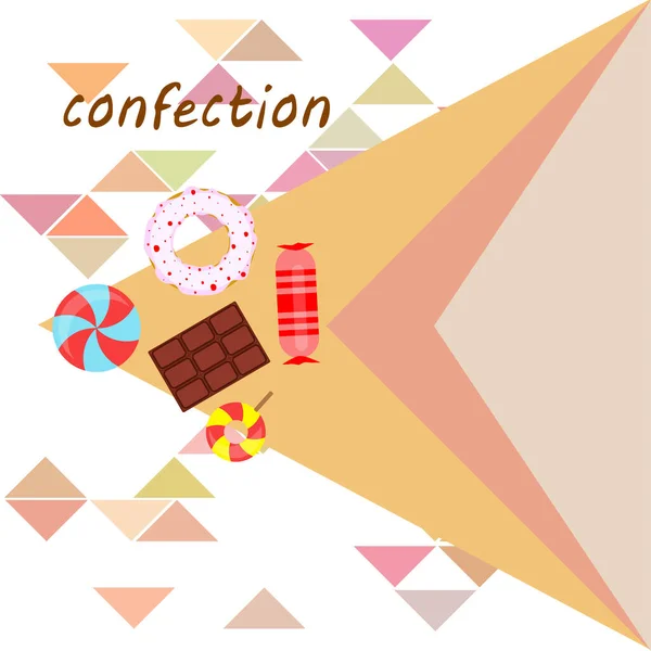 Diferentes dulces fondo colorido. Piruletas, barra de chocolate, caramelos, donut, vector de fondo . — Vector de stock