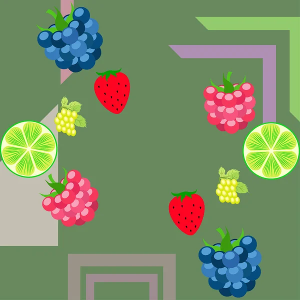 Fruits and berries. Colorful cartoon fruit icons: blackberry, raspberry, grape, strawberr, lime. Vector background. — ストックベクタ