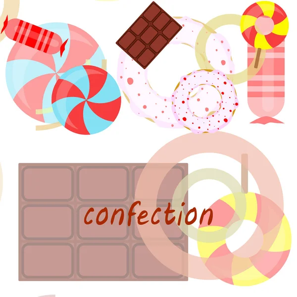 不同的糖果色彩斑斓. 棒棒糖，巧克力棒，糖果，甜甜圈，病媒背景. — 图库矢量图片