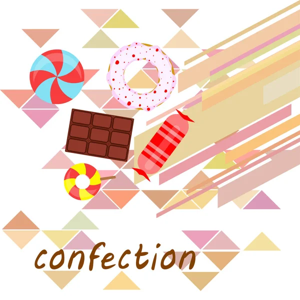 Diferentes dulces fondo colorido. Piruletas, barra de chocolate, caramelos, donut, vector de fondo . — Vector de stock